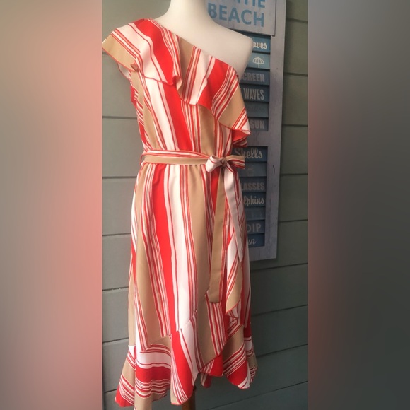 VICI stripe, ruffle one shoulder faux wrap midi dress. w/sash tie M ⚡️FLASH SALE - Picture 14 of 16